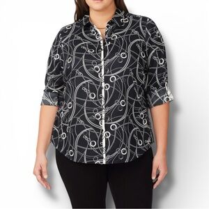 FOXCROFT Charlie Cotton Button-Up Shirt - Plus 14W Black/Ivory Chains